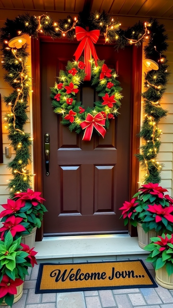 A festive Christmas door decorated with a wreath, lights, and seasonal plants.